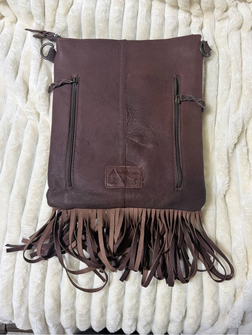American Darling White Haircalf Crossbody with Brown Hand-Tooled Leather Fringe